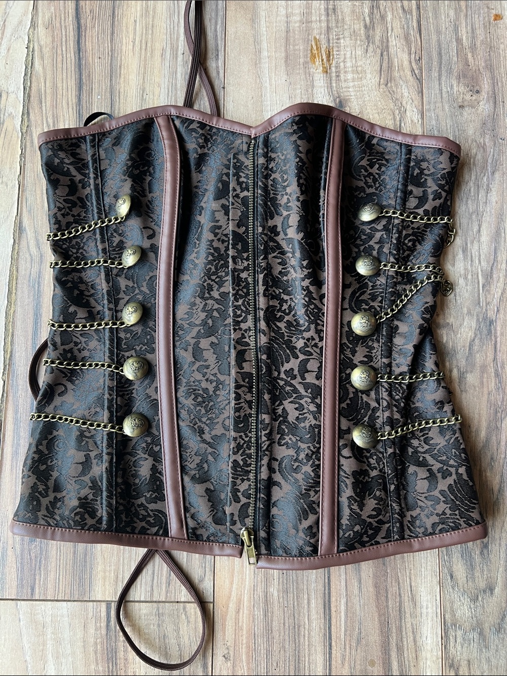 Spirit Brown and Black Brocade Corset with Chain Accents